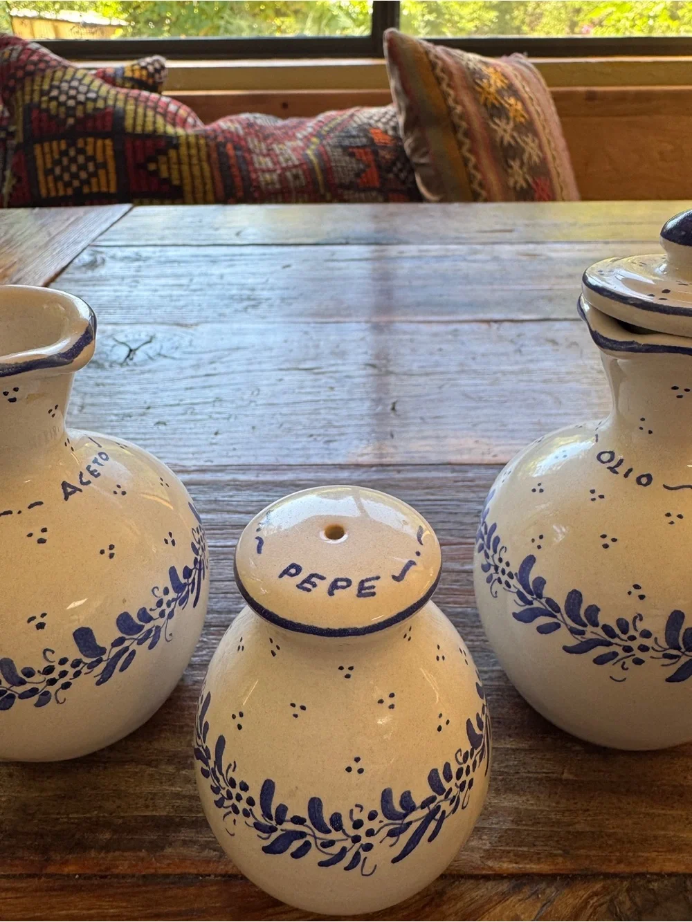 Italy Hand-Painted Blue Floral Ceramic Cruet Set - White and Blue